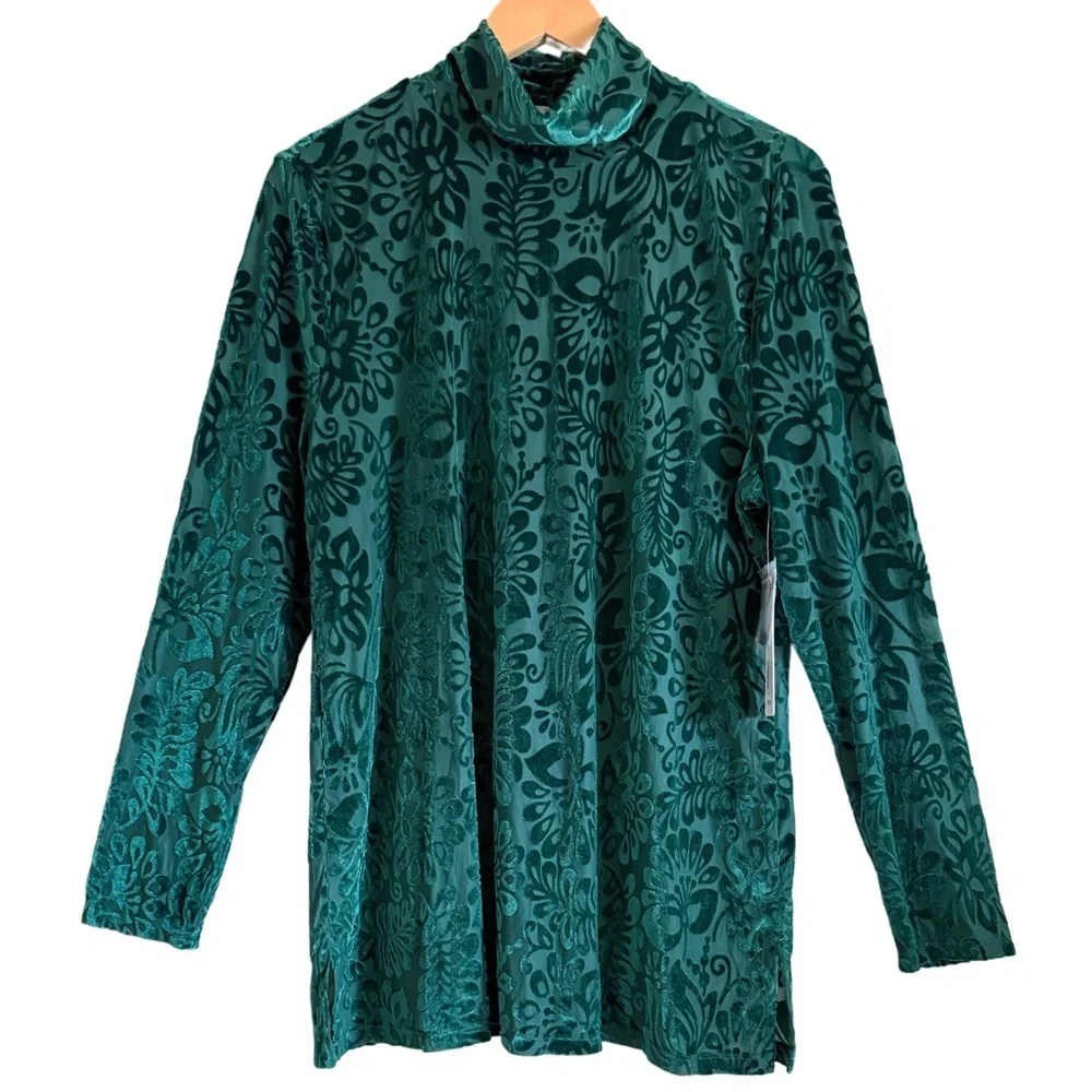 SOFT SURROUNDINGS Preppy Feminine Lightweight Floral Velvet Turtleneck Top L NWT